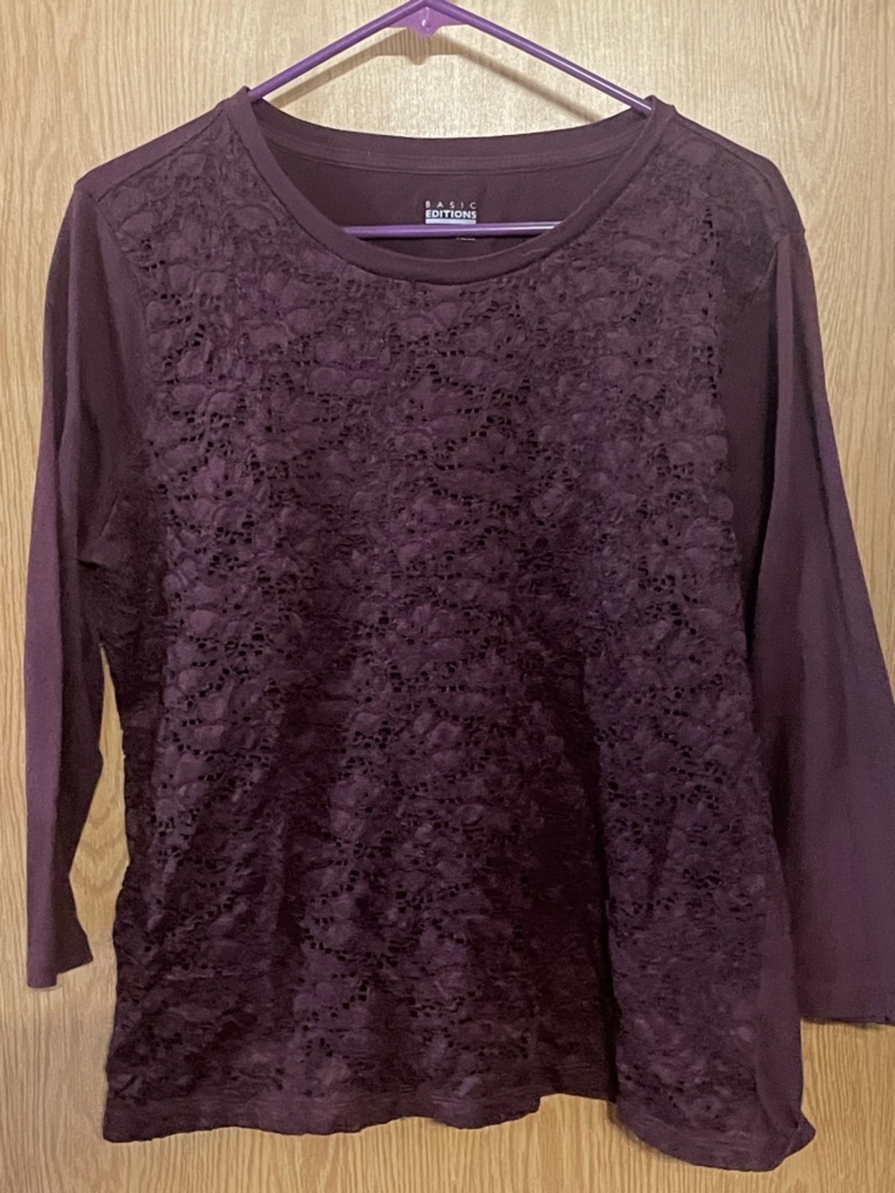 Basic Editions Plum Lace-Front Long Sleeve Top